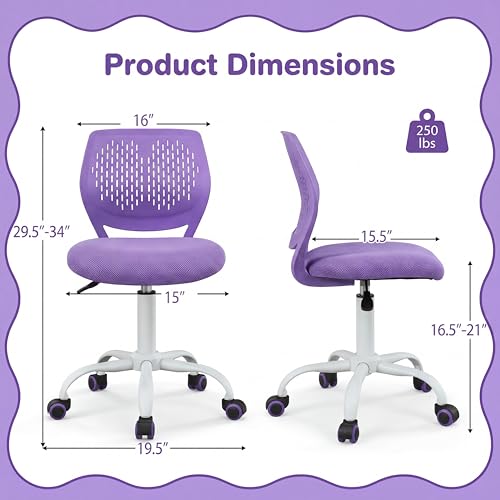 Costzon Kids Desk Chair, Armless Height Adjustable Kids Computer Chair w/Elastic Sponge Filling, Ergonomic Backrest & Stable 5-Point Wheels, Children Rolling Swivel Chair for Studyroom (Purple) - color: Purple