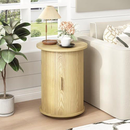 Wnutrees Round Fluted End Table, Small Accent Pedestal Side Table, Natural | Wood Nightstand with Sliding Door & 2 Tier Shelf, Bedside Unit for Living Room, Bedroom - color: Natural