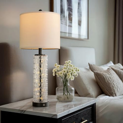 Oneach 27.75” Table Lamps Set of 2, Black Modern Bedside Lamp with LED Night Light, USB A+C, Glass Lamps for Living Room, Bedroom, Nightstand, Office, End Table (2 Bulbs Included) - color: Black - White Shade