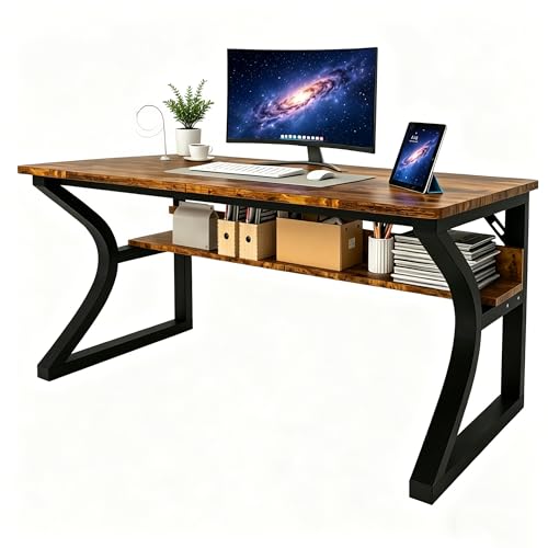 55'' Computer Desk Home Office Desk with Storage Shelf, Writing Study Desk for Small Space Sturdy Metal Frame Work Desk for Bedroom Home Office (Brown, 55inch) - color: Brown, size: 55inch