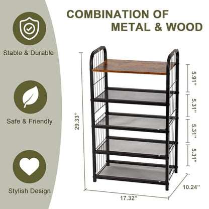 Tall Slim Shoe Rack for Entryway Closet, 5-Tier Shoe Organizer | Narrow Vertical Shoe Storage Shelf Wood with Guardrails, Metal Mesh Shelves, Wooden Top,for Front Door Entrance Small Spaces - size: 17.32" X 10.24" X 29.33"