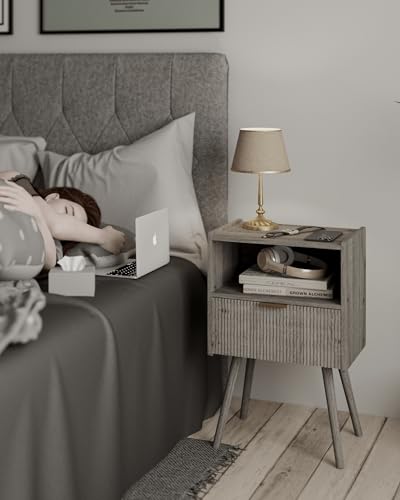 JOONEE Nightstand,Modern Bedside Table with Storage Drawer and Open Wood Shelf, for Living Room, Bedroom and Small Spaces, Accent Night Stand with Solid Wood Legs, Easy Assembly,Grey Oak - color: Grey Oak