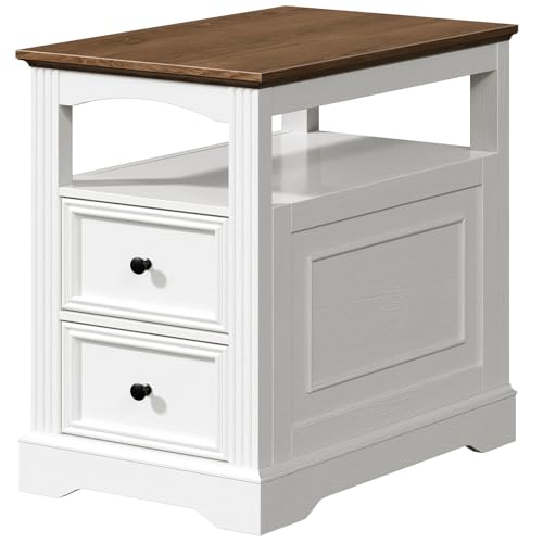 Farmhouse End Table with 2 Drawers, Narrow Sofa Side Table with Storage and Open Shelf, Wooden Nightstand for Small Spaces, Bedroom, Living Room, White and Walnut - color: White and Walnut