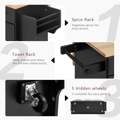 60" Kitchen Island with Trash Can Storage Cabinet and Power Outlet | Rolling Kitchen Cart on Wheels with Rubber Wood Drop Leaf Top, Spice Rack, Towel Rack and Adjustable Shelf, Black - color: Black