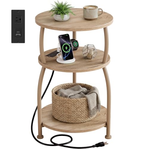 Round Side Table with Power Outlet, USB Type C Port, 3-Tier End Table | 15.7 in Nightstand for Small Spaces, Tall Side Table with Charging Station for Sofa Couch, Living Room Bedroom, Garden, Oak - color: Oak, size: 15.7''Dia with Power Strip