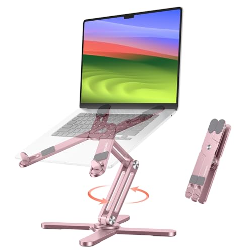 OMOTON 360° Rotating Laptop Stand Riser for Desk, Ergonomic Foldable Computer Stand Adjustable Height Angles for Collaborative Work, Easy Storage Fit Macbooks,All Laptops up to 16 inches, Pink - color: Pink