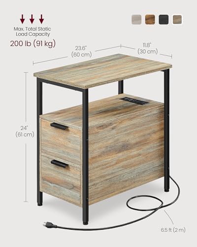 VASAGLE Side End Table with Charging Station, Slim Nightstand with 2 Drawers, Narrow Bedside Table for Living Room, Small Spaces, Turquoise Brown and Ink Black ULET321B60V1S - color: Turquoise Brown + Ink Black, size: 23.6"D x 11.8"W