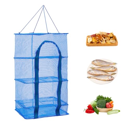 Herb Drying Rack, 4 Layers Foldable Drying Rack with Zipper Opening, Hanging Drying Net for Herbs, Fruits, Vegetables, Fish, Shrimp, Foldable Nylon Netting, Blue (13.78X13.78X25.59 in)