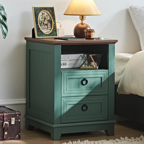Joaxswe 18" Farmhouse Night Stand with Charging Station, 2 Drawers Bedside End Table, Green Wooden Nightstand, Bed Side Table Cabinet with Open Shelf for Bedroom Living Room Office - color: Green Set 1, size: 2 Drawers