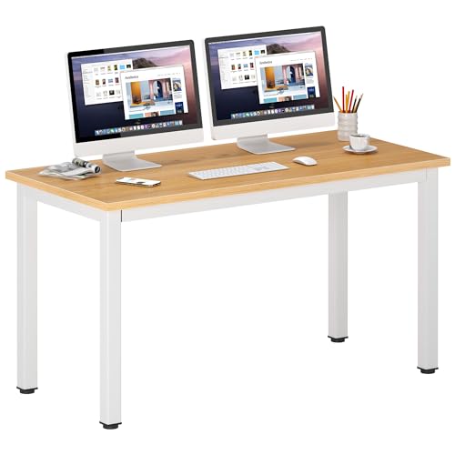 DlandHome 54.3 inch Large Computer Desk for Bedroom, Teak and White | Decent Steady Home Office Desk, Writing Study Craft Work Table, Sturdy Metal Frame, Adjustable Feet, Modern Simple Design - color: Teak + White, size: 54.3 inch