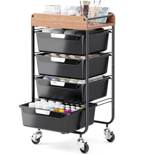 SYKIARIOL Utility Cart with 4 Labeling Drawers and Wooden Tabletop – Rolling Storage Cart for Crafters, Artists, Kids, Teachers, and Students – Organize Arts, Crafts, Sewing & Study Supplies - color: Classic Black, size: 4-Drawer