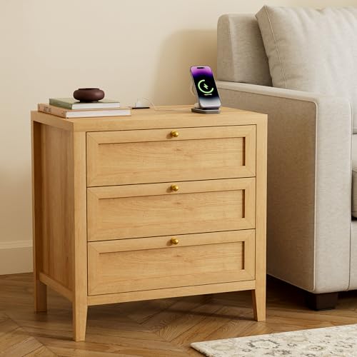 Large Nightstand Set of 2 with 3 Drawers, Farmhouse Bedside End Table with Charging Station, Modern Wood Night Stand for Sofa, Bedroom, Natural Oak - color: Natural Oak, size: 2 PCS (3 Drawers)