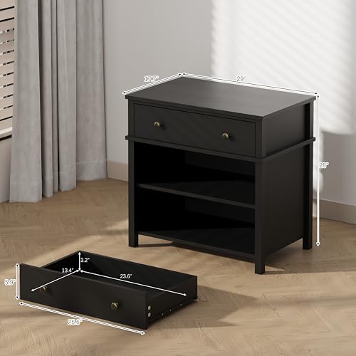 End Table with Drawer and 2 Tier Shelves, Wood Sofa Side Table for Living Room, Modern Nightstand Bedside Table for Bedroom, Small Console Table for Entryway, Hallway, Black - color: Black