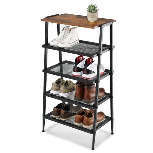 A-Shape Shoe Rack, 5-Tier Heavy-Duty Shoe Organizer with Wooden Top & Mesh Shelves, Space-Saving for Entryway, Bedroom, Hallway(31.97" H, Holds 10 Pairs, Rustic Brown) - size: 17.32" X 10.24" X 31.97"