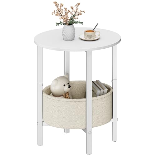 Vagusicc Round Side Table End Table with Storage Basket, Small Side Table Round Nightstand for Small Spaces, Tall Oval End Table with Steel Frame, Coffee Bedside Table for Living Room Bedroom, White - color: White