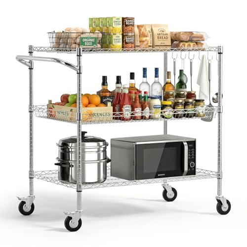 VEVOR Kitchen Utility Cart, 3 Tier Heavy Duty Adjustable Wire Storage Rack, Commercial Steel Rolling Service Trolley on Wheels, Work Table with Handle Bar, for Garage and Laundry Room, 40x25x40.9 in - size: 25"D x 40"W x 40.9"H