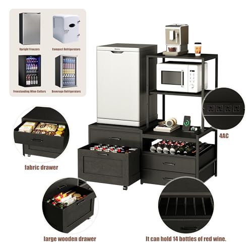 Herture Mini Fridge Stand with Wine Rack, Kitchen Bakers Rack with Power Outlet, Microwave Oven Stand, Coffee Bar, Movable Drawers, for Dorm,Office, Black HB04BXB - color: Black