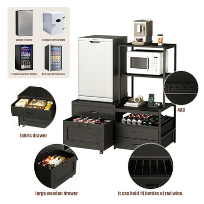 Herture Mini Fridge Stand with Wine Rack, Kitchen Bakers Rack with Power Outlet, Microwave Oven Stand, Coffee Bar, Movable Drawers, for Dorm,Office, Black HB04BXB - color: Black
