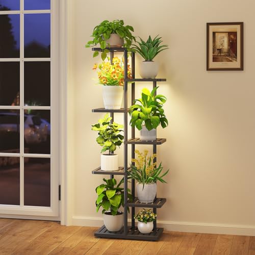 iDavosic.ly Plant Stand with Grow Light Indoor Outdoor, 6-Tier Tall Metal Flower Shelf for Heavy-Duty Large Planters, Corner Orchid Display Rack for Living Room Balcony Patio Porch, Modern Black - color: Black with Light, size: 6 Tier