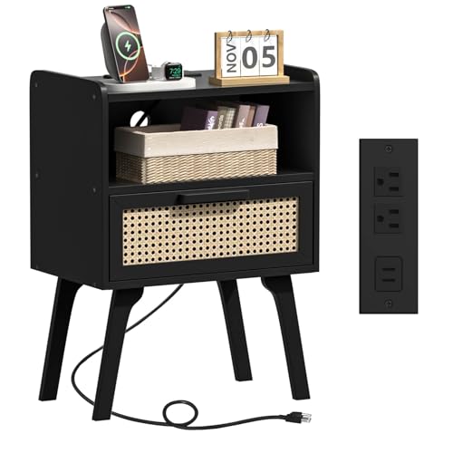 Lerliuo Rattan Nightstand with Charging Station, Black Bedside Table with Drawer Open Shelf, Cane Accent Side End Table with Solid Wood Legs, Night Stand for Bedroom, Dorm and Small Spaces - color: Black With Natural, size: 1 pack