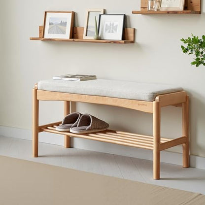 Oak Wood Shoe Bench, 32 Inch Entryway Bench with Light Gray Cushion | Wider oak bench with visible grain and soft cushion provides comfortable seating with natural modern style. - color: Natural + Light Gray Cushion, size: 31.49"