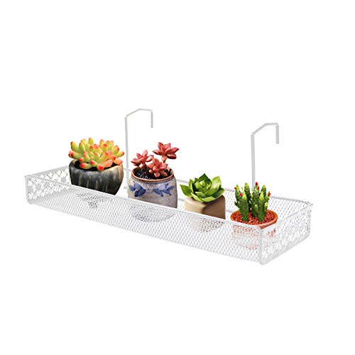 Chris.W Iron Hanging Shelf Basket with Hooks Balcony Succulent Plants Mini Flower Pot Holder Railing Shelf, for Patio Porch or Fence (White)-Small - color: White
