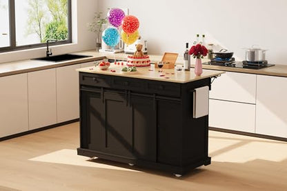 Garvee 54" Kitchen Island with Drop Leaf & Power Outlet, Black | Large Rolling Cart with Trash Cabinet, 2 Sliding Barn Doors, 3 Drawers Mobile Island Table with Spice Rack & Towel Rack - color: Black