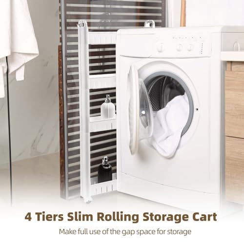 4 Tiers Slim Rolling Storage Cart, 3.5 in Slim Slide Out Bathroom Organizer Cart, Tiered Storage Rack with Wheels, Narrow Mobile Utility Cart for Laundry Room, Kitchen, Office, Sturdy Room - size: 4 Tiers