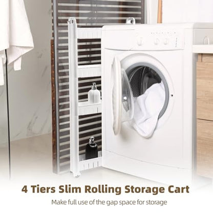 4 Tiers Slim Rolling Storage Cart, 3.5 in Slim Slide Out Bathroom Organizer Cart, Tiered Storage Rack with Wheels, Narrow Mobile Utility Cart for Laundry Room, Kitchen, Office, Sturdy Room - size: 4 Tiers