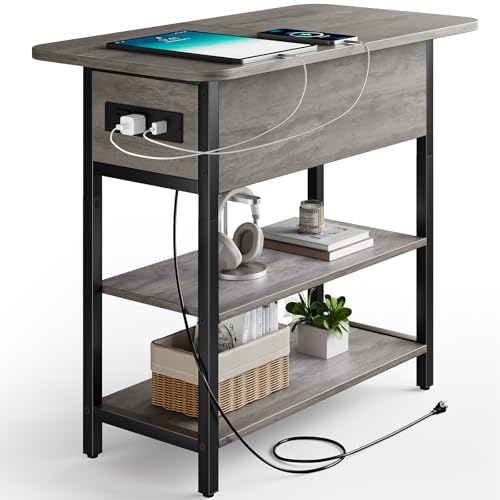 Yoobure End Table with Charging Station, Flip Top Side Table with USB Ports and Outlets, Sofa Couch Table Bedside Table for Living Room Bedroom, Narrow Nightstand with Shelves for Small Space Gray - color: Grey