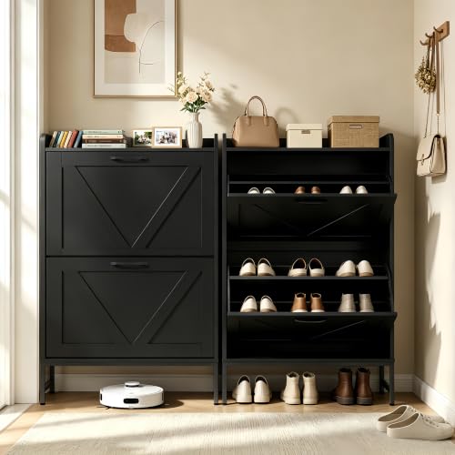 Shoe Cabinet with 2 Flip,Shoe Cabinet Storage,Shoe Organizer Cabinet,Black | Hidden Wood Shoe Cabinet,reestanding Shoe Rack Cabinet for Entryway Hallway - color: Black