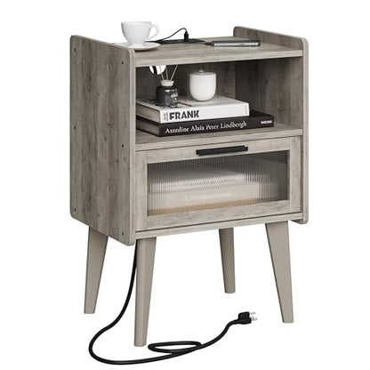 MMEOLUOOK Nightstand with Charging Station, Bedside Tables Oak Grey End Table Side Table with 2 Tiers Storage Space, for Bedroom Living Room MLBZ07GE - color: Oak Gray