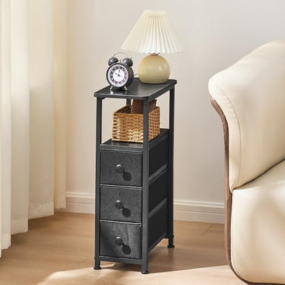 End Table, Narrow Side Table with 3 Fabric Drawers, Slim Nightstand, Small Bedside Table with Storage, Living Room, Bedroom, Black HKET1300BK - color: Black, size: 7.9" W x 15.7" D, style: No Power
