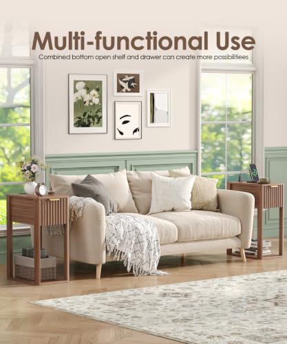 Akxomel Narrow Fluted Nightstands Set of 2, Wooden Slim Bedside Table with Charging Station, Mid-Century Modern Night Stand with Drawer and Open Shelf, Small Side End Table, for Bedroom, Walnut - color: Walnut