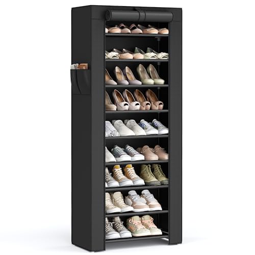SONGMICS 10-Tier Shoe Rack, Shoe Storage Cabinet with Dustproof Cover, Free-Standing Shoe Storage Organizer for Closet, Entryway, Hold 27-35 Pairs of Shoes, for Sneakers, High Heels, Black URXJ10H - color: Black, size: 10 Tiers (22.8"W)