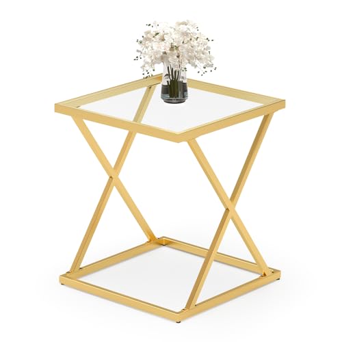 Square End Table with Tempered Glass Top, Stylish X-Shaped Metal Frame, Living Room Coffee Table, Sofa Side Table, Accent Tables for Small Spaces, Modern Bedside Table for Bedroom (Gold) - color: Gold, style: Style 3