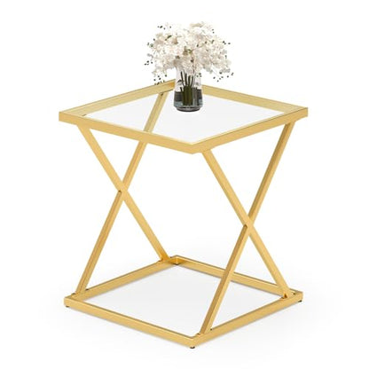 Square End Table with Tempered Glass Top, Stylish X-Shaped Metal Frame, Living Room Coffee Table, Sofa Side Table, Accent Tables for Small Spaces, Modern Bedside Table for Bedroom (Gold) - color: Gold, style: Style 3