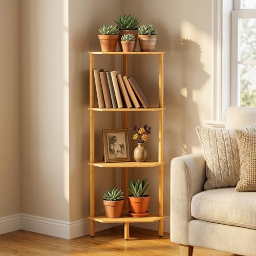 Corner Shelf Stand, 4 Tier Bamboo Corner Organizer, Narrow Tall Bookcase, Corner Shower Caddy, Plant Display Shelf, Open Storage Shelves for Living Room, Kitchen, Office, Balcony, Bathroom - color: Natural, size: 4 Tier