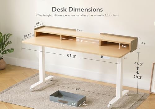 Claiks Standing Desk with Drawers, Adjustable Stand Up Electric Standing Desk Adjustable Height with Storage Shelf and Splice Board, 63 Inch, Natural - color: Nature, size: 63×23.6
