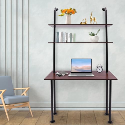 2-Shelf Industrial Wall Mount Ladder，Wall Mount Computer Desk Writing Desk,Industrial Bookcase Desk with Shelves，Floating Desk with Storage, Wall Table for Home Office, Brown (20"Dx30"Wx72.7"H) - color: Black/ Brown (39"w)