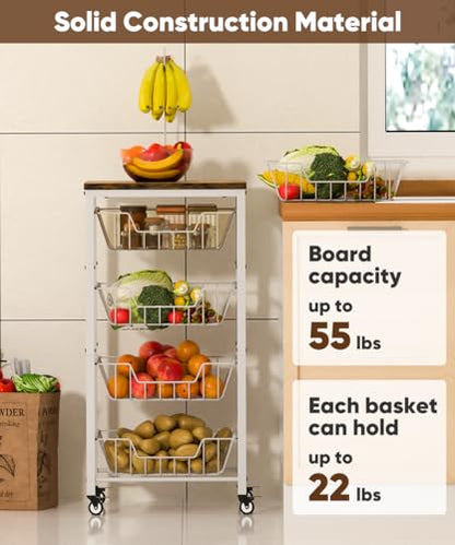 Fruit Vegetable Storage Cart for Kitchen, 5-Tier Vegetable Stand Rack with Pull-Out Fruit Baskets, Rolling Snack Cart with Wood Top & Banana Holder for Pantry, Living Room, Bathroom, White - style: White