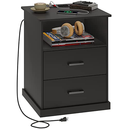 Hasuit Night Stand with Charging Station, Large Nightstand with Storage Drawers and Open Cubby, Black Bedside Side End Table for Home Office, Wider Tabletop 19.0'' x 15.0''