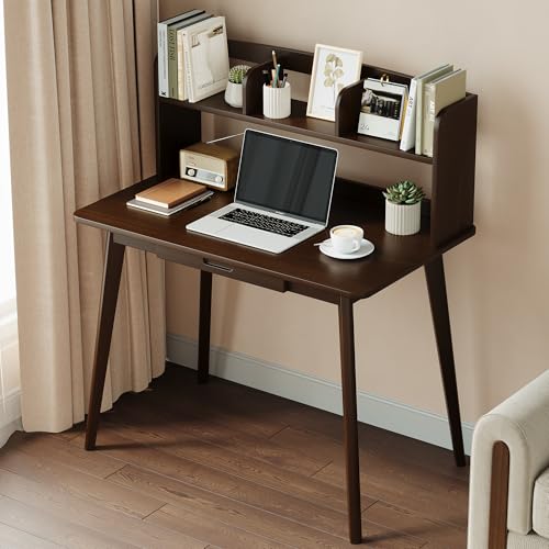 IOTXY Small Writing Desk with Hutch - 39.4" Work Computer Study Table with Drawer for Home and Office, Black Walnut - color: Black Walnut, size: 39.4-Inch