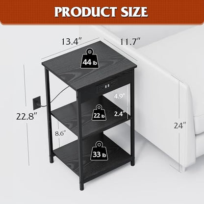 WLIVE Black End Table with Charging Station, Slim Night Stand with 3 Storage Shelves, Small Side Tables for Small Spaces, Bedside Tables for Living Room, Bedroom | Side Tables with Storage Adjustable Shelf for Small Spaces; Bedside Tables for Living Room,