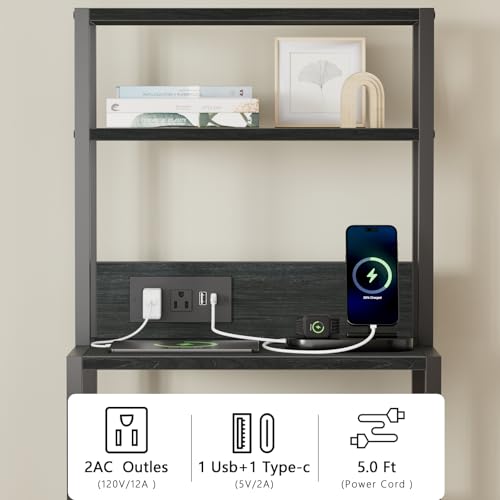 Furnulem Night Stand, Tall Nightstand with 4-Tier Shelves, 2 Fabric Drawers and Led Lights, Bed Side Tables with Charging Station, Bedside Table for Bedroom, Office, Black Oak | 4-Tier Shelves - color: Black Oak, size: 2 Drawer