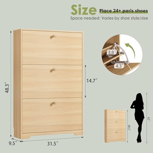 Nicetree Shoe Storage Cabinet, Slim Shoe Cabinet, Hidden Shoe Rack Cabinet, Shoe Storage Cabinet for Entryway, Hallway, Foyer, Natural Oak - color: Natural Oak, style: 3-Drawers