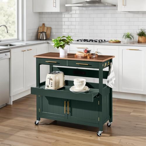 Best Choice Products 36in Large Rolling Kitchen Island Cart, 2-Door Cabinet, 2 Drawers, Pull-Out Shelf, Power Outlet, Hooks, & Swivel Lockable Wheels - Forest Green - style: Forest Green