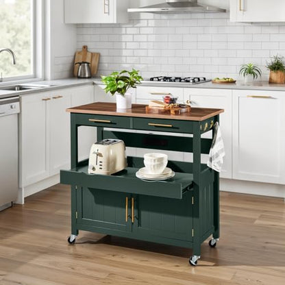 Best Choice Products 36in Large Rolling Kitchen Island Cart, 2-Door Cabinet, 2 Drawers, Pull-Out Shelf, Power Outlet, Hooks, & Swivel Lockable Wheels - Forest Green - style: Forest Green