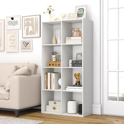 8 Cube Storage Organizer, 4 Tier Floor Standing Bookshelf, 54 inch Tall Bookcase, Wooden Open Display Shelf for Living Room, Bedroom, Study, White Bookshelf with Open Back - size: 8 Cubes