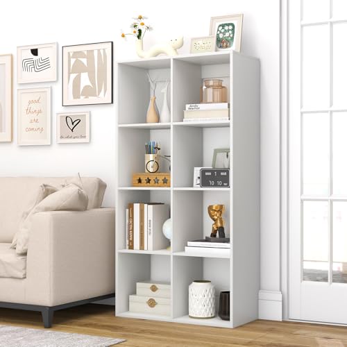 8 Cube Storage Organizer, 4 Tier Floor Standing Bookshelf, 54 inch Tall Bookcase, Wooden Open Display Shelf for Living Room, Bedroom, Study, White Bookshelf with Open Back - size: 8 Cubes
